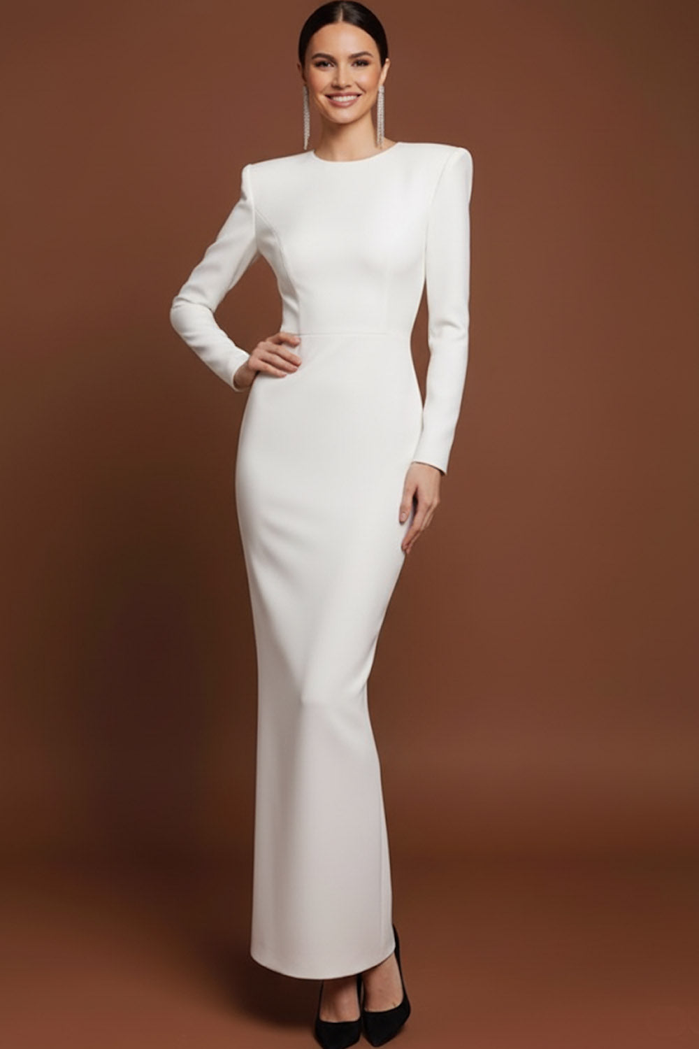 White Round Neck Long Formal Dress with Sleeves