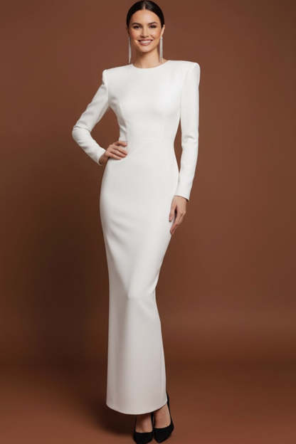 White Round Neck Long Formal Dress with Sleeves