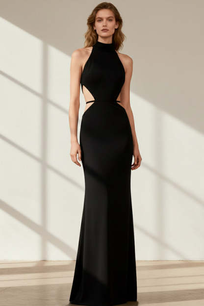 Leely Women Black High Neck Cut Out Long Formal Dress Mermaid Evening Dress