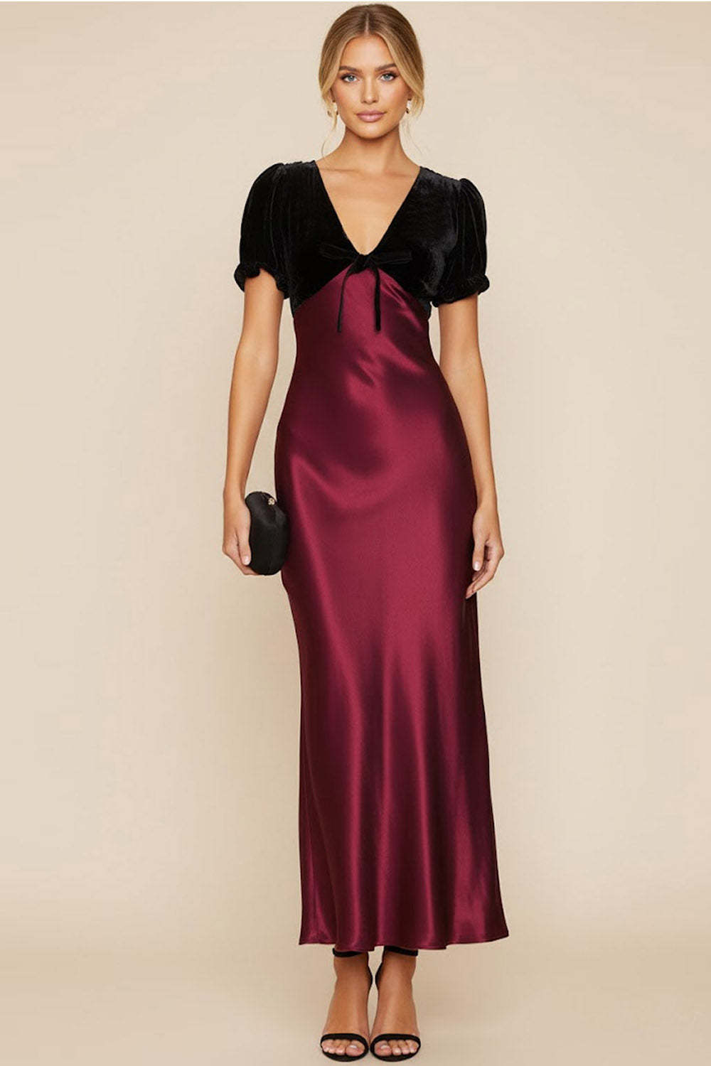 Leely Women Burgundy Satin Maxi Formal Dress V-Neck Sheath Evening Dress with Sleeves
