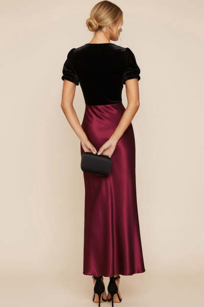 Burgundy Satin V-Neck Sheath Maxi Formal Dress