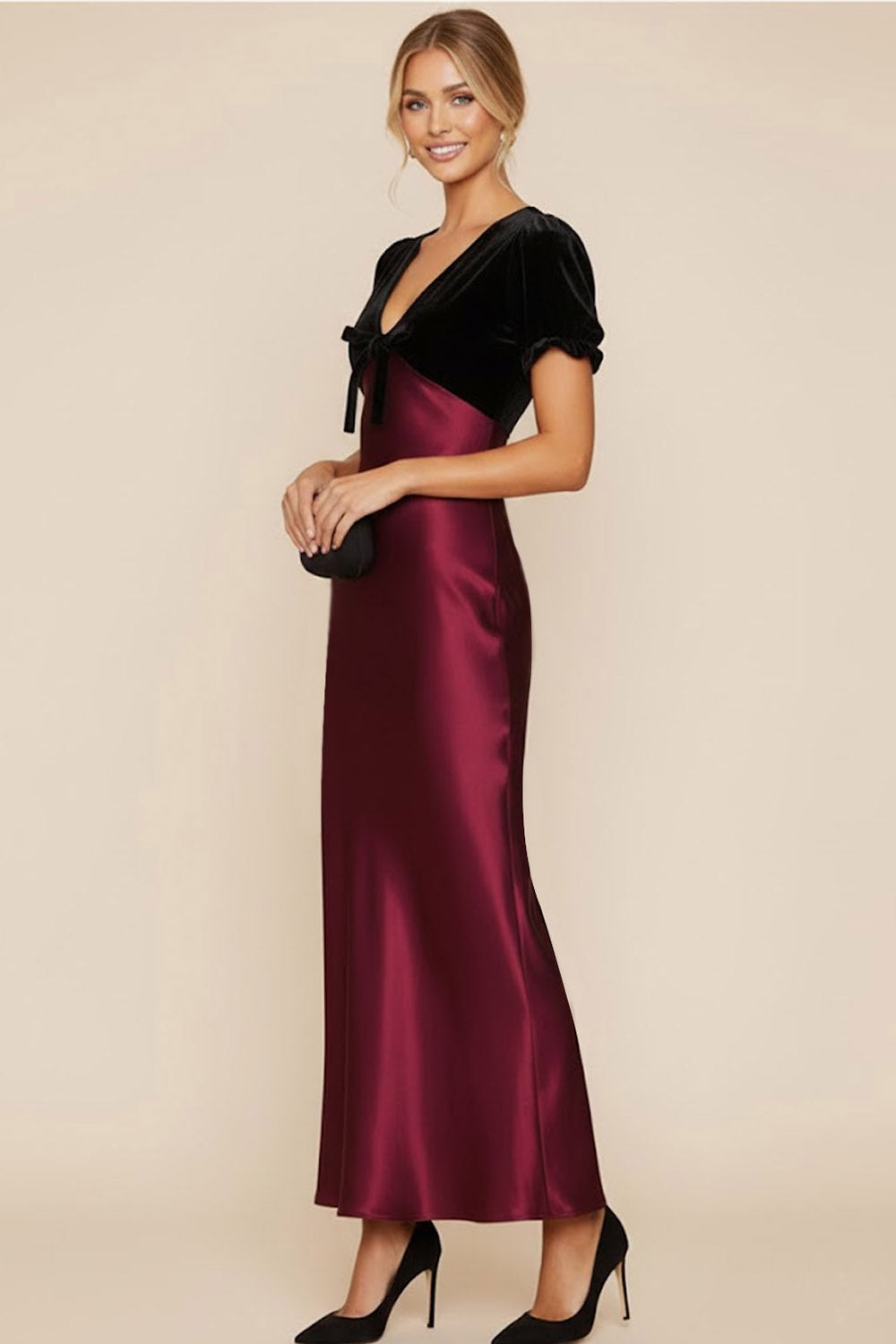 Burgundy Satin V-Neck Sheath Maxi Formal Dress
