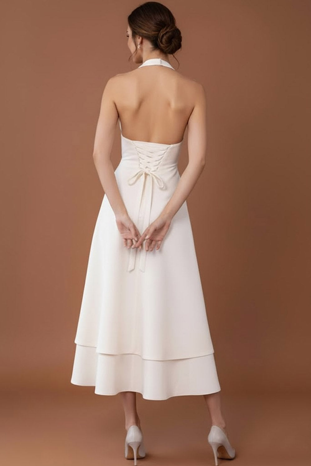White Halter Neck Backless Long Wedding Reception Dress