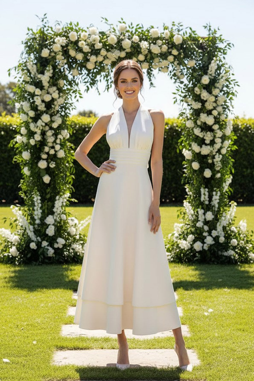 Leely Women White Halter Neck Long Wedding Reception Dress Backless A Line Engagemnet Dress