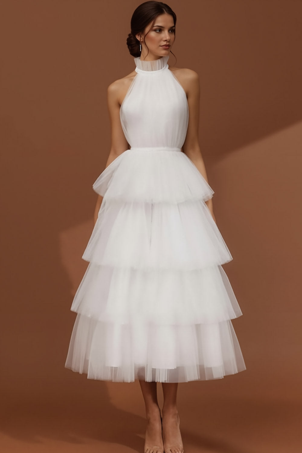 White Tulle Tiered Backless Ruffled Long Wedding Reception Dress