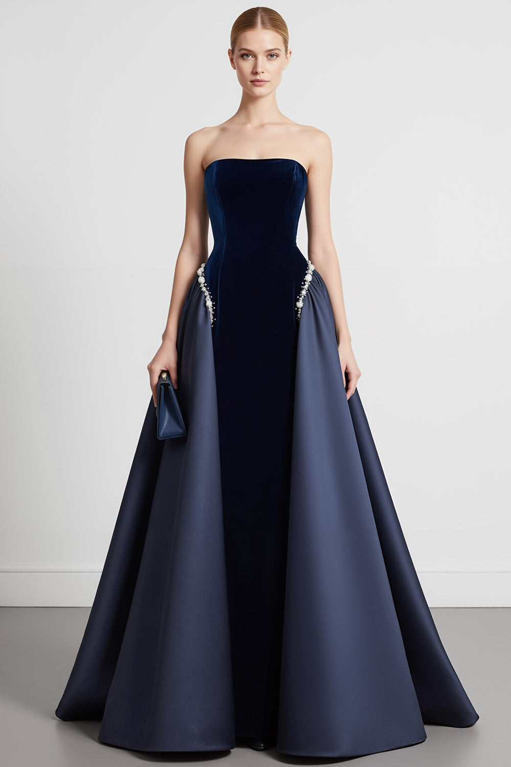 Navy A Line Strapless Velvet Long Formal Dress with Cape