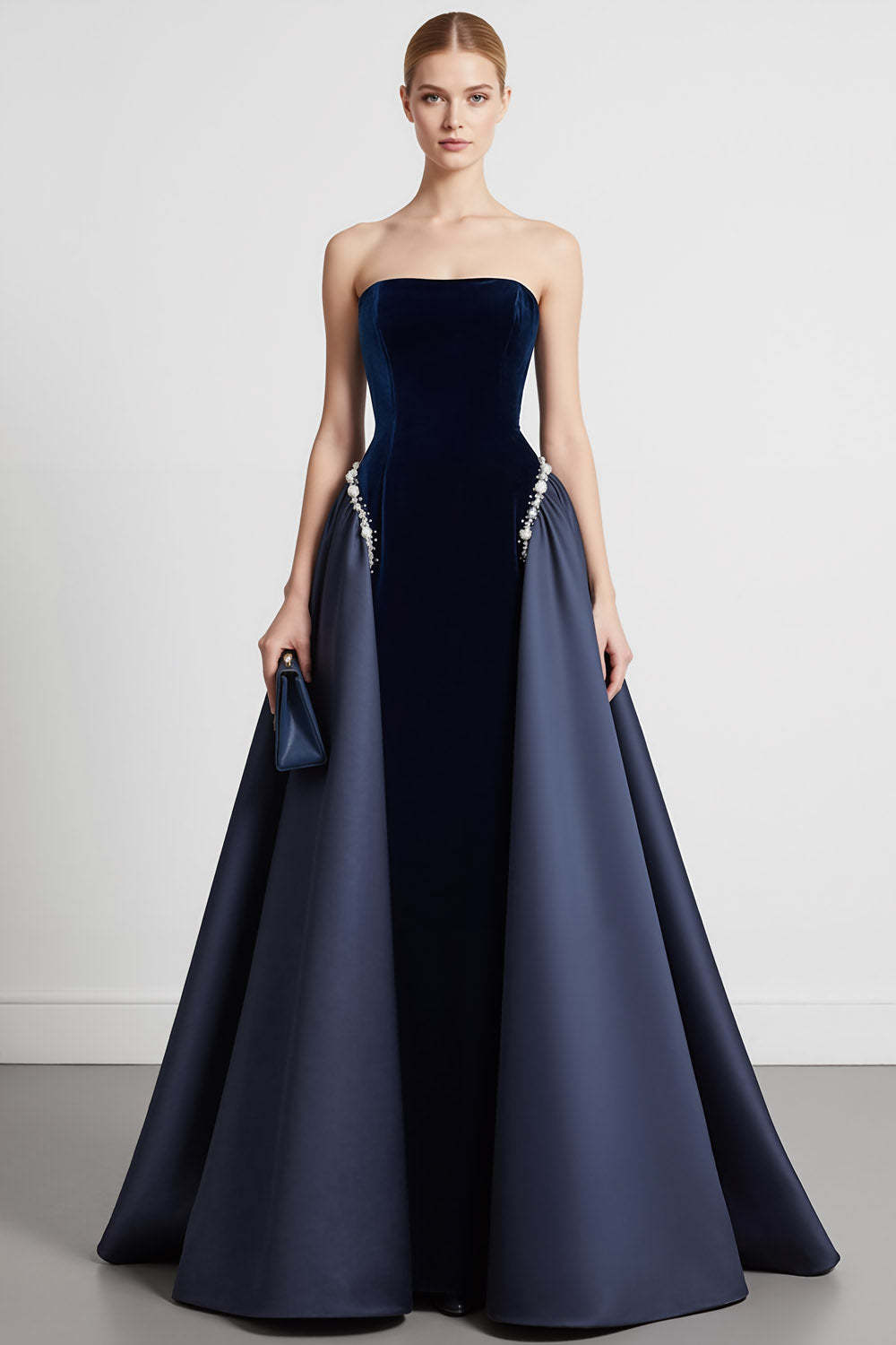 Leely Women Navy Velvet Long Formal Dress with Cape A Line Strapless Backless Evening Dress
