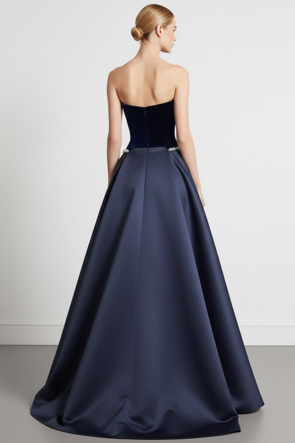 Navy A Line Strapless Velvet Long Formal Dress with Cape