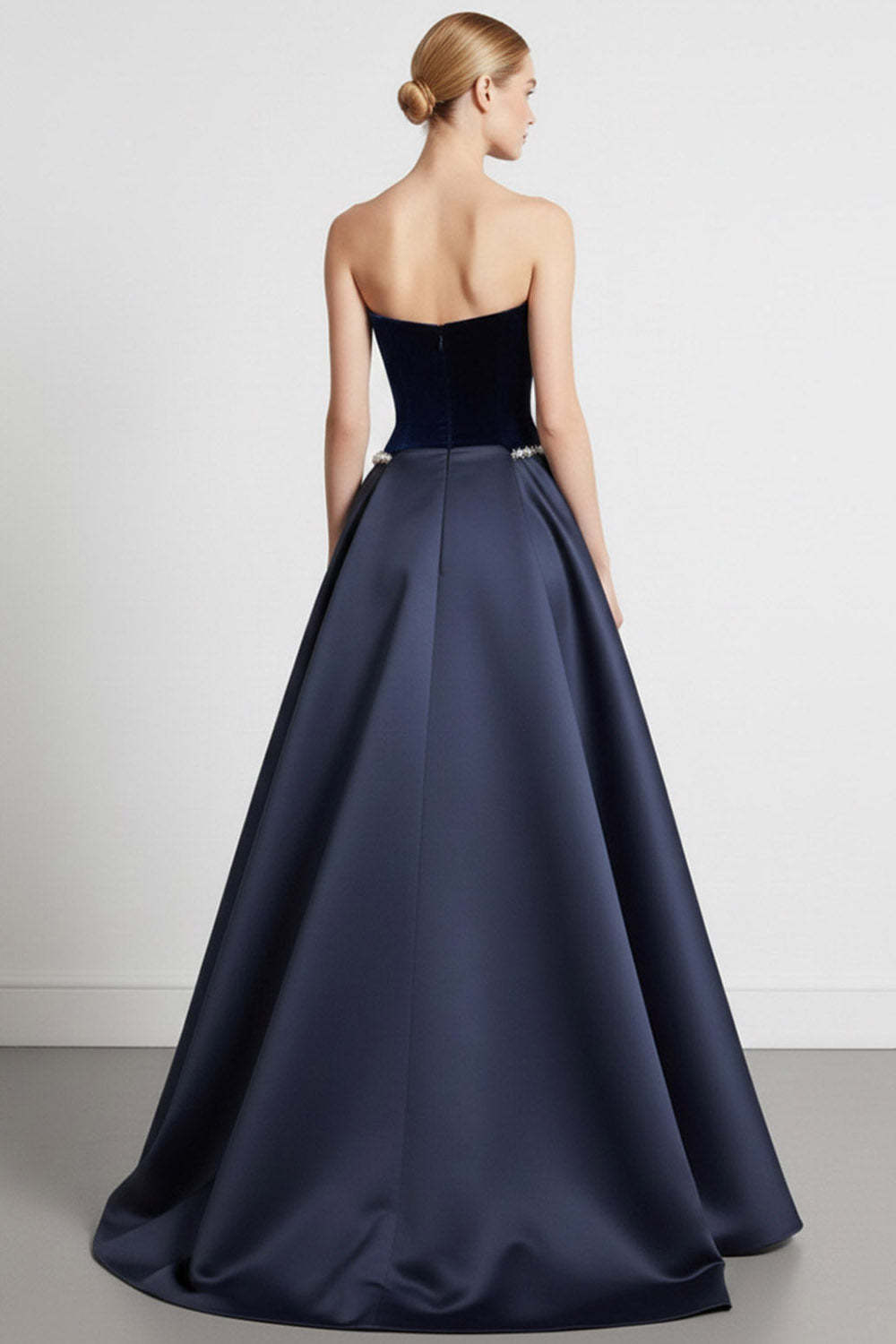 Navy A Line Strapless Velvet Long Formal Dress with Cape