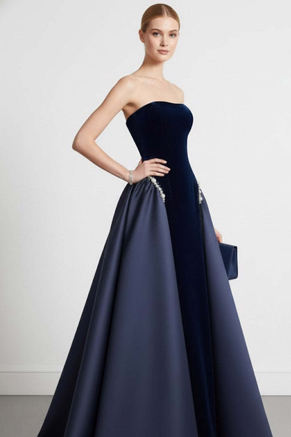 Navy A Line Strapless Velvet Long Formal Dress with Cape