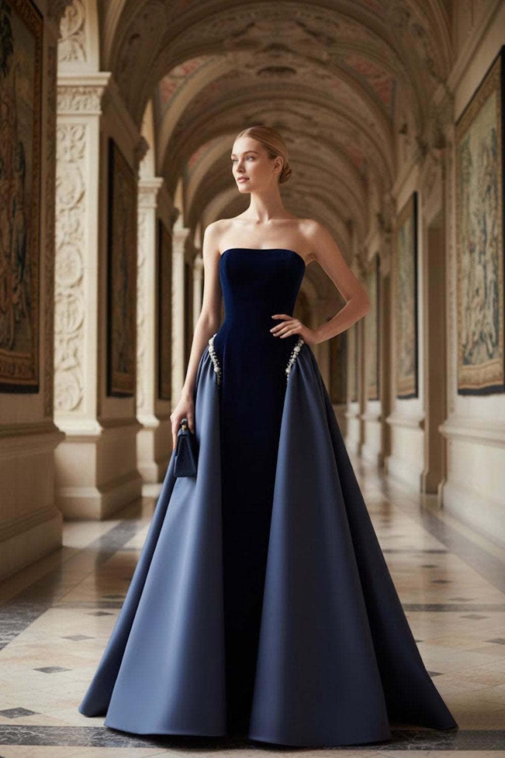 Navy A Line Strapless Velvet Long Formal Dress with Cape