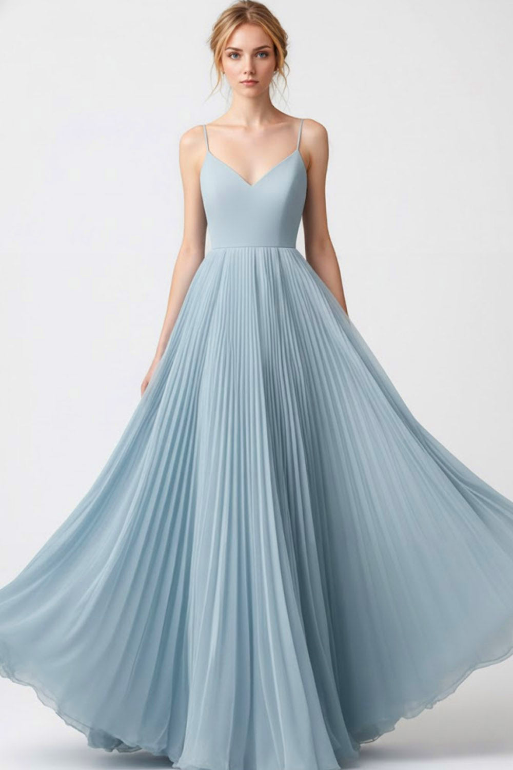Light Blue Spaghetti Straps Chiffon Long Bridesmaid Dress