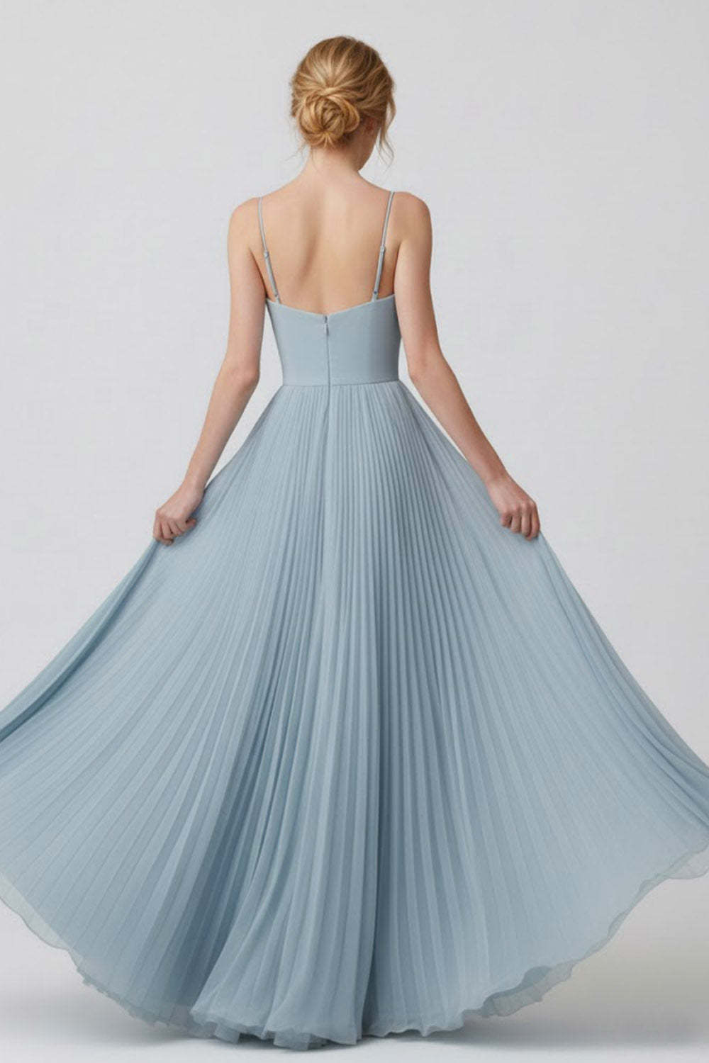 Light Blue Spaghetti Straps Chiffon Long Bridesmaid Dress