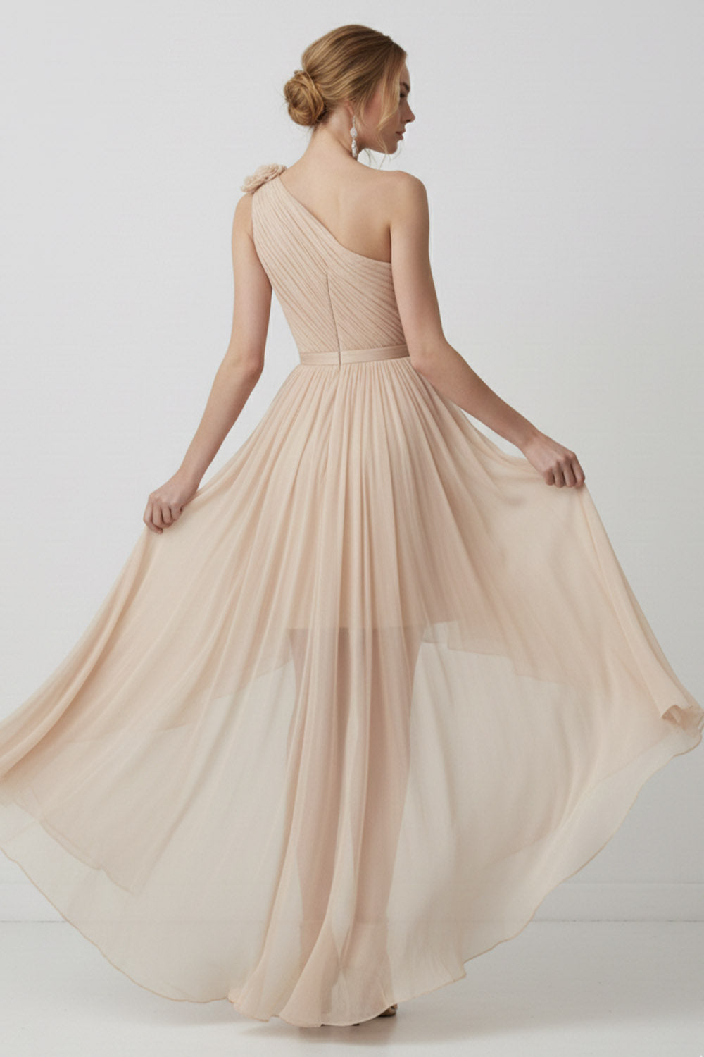 Champagne One Shoulder Asymmetrical Chiffon Bridesmaid Dress with 3D Flower