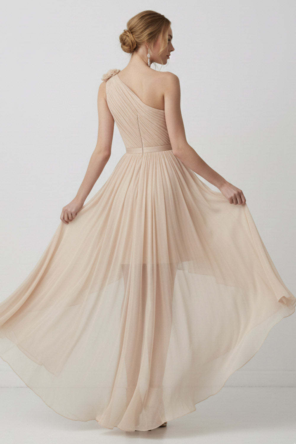 Champagne One Shoulder Asymmetrical Chiffon Bridesmaid Dress with 3D Flower