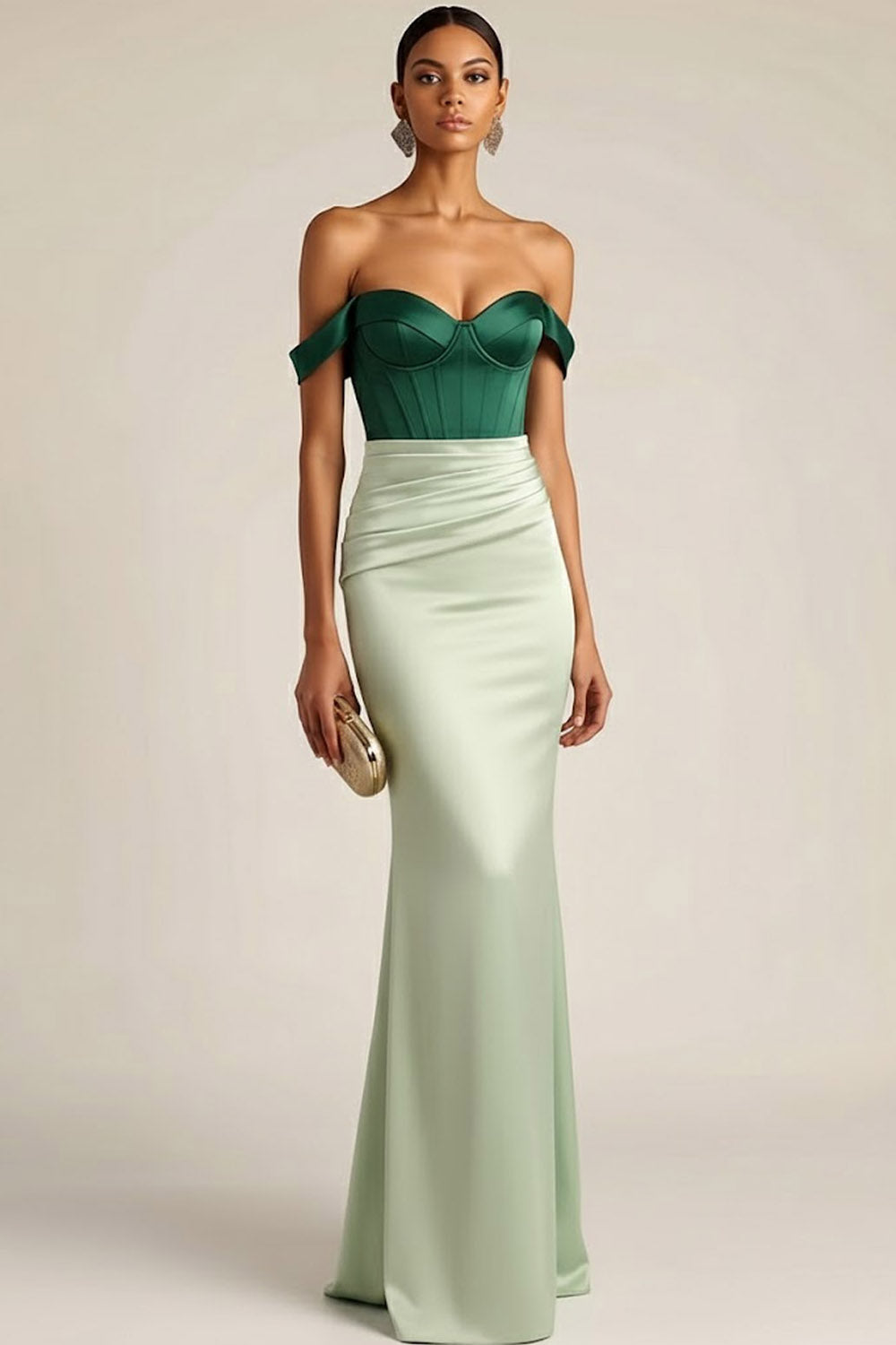 Leely Women Green Mermaid Ruched Satin Long Corset Prom Dress Off the Shoulder Formal Dress