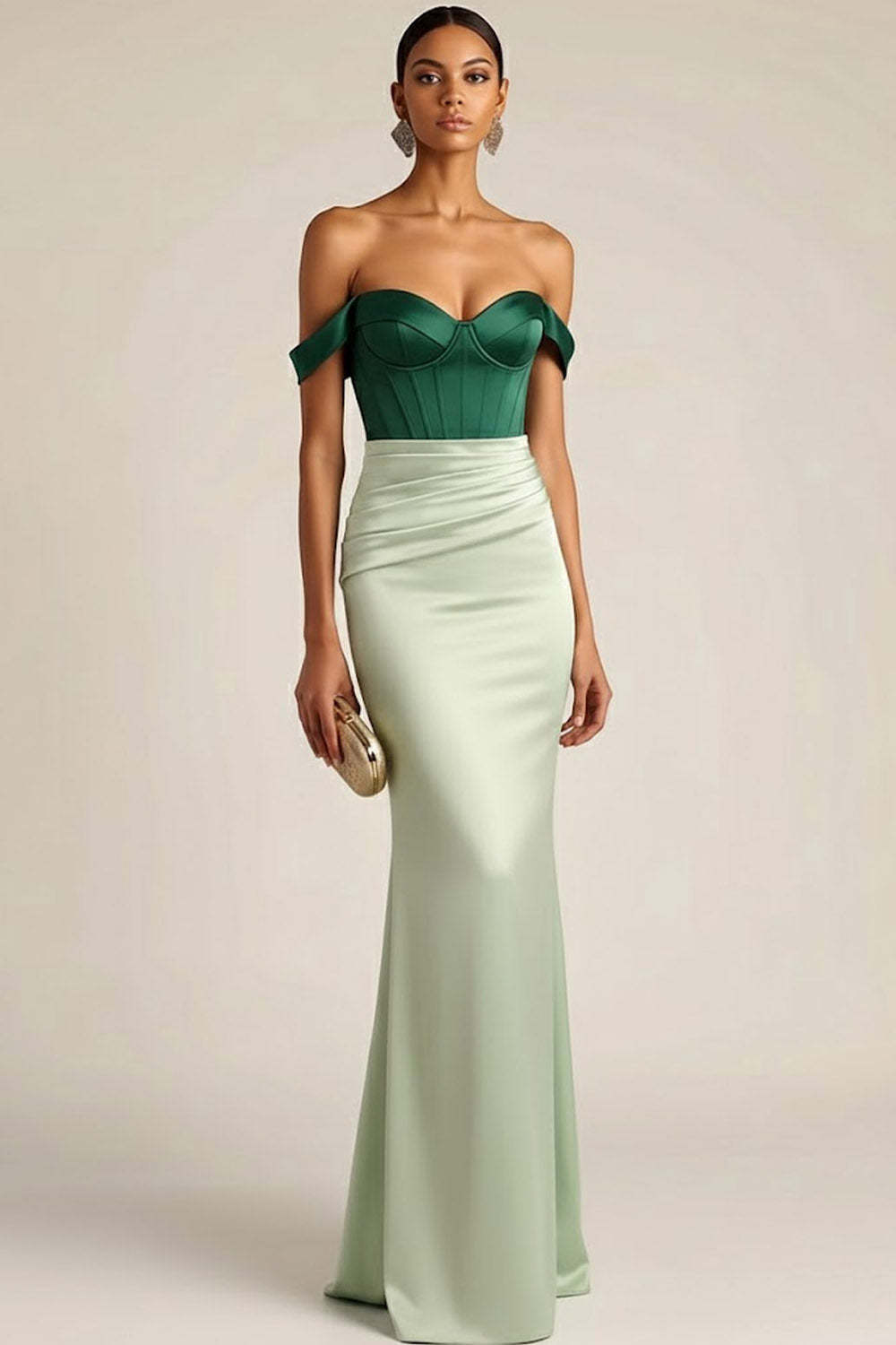 Leely Women Green Mermaid Ruched Satin Long Corset Prom Dress Off the Shoulder Formal Dress