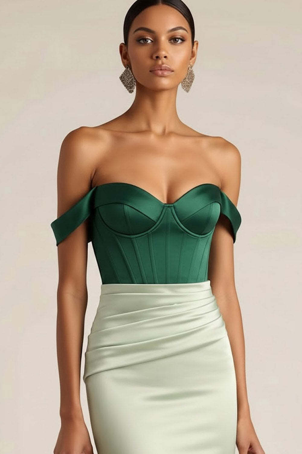 Green Mermaid Ruched Satin Long Corset Prom Dress