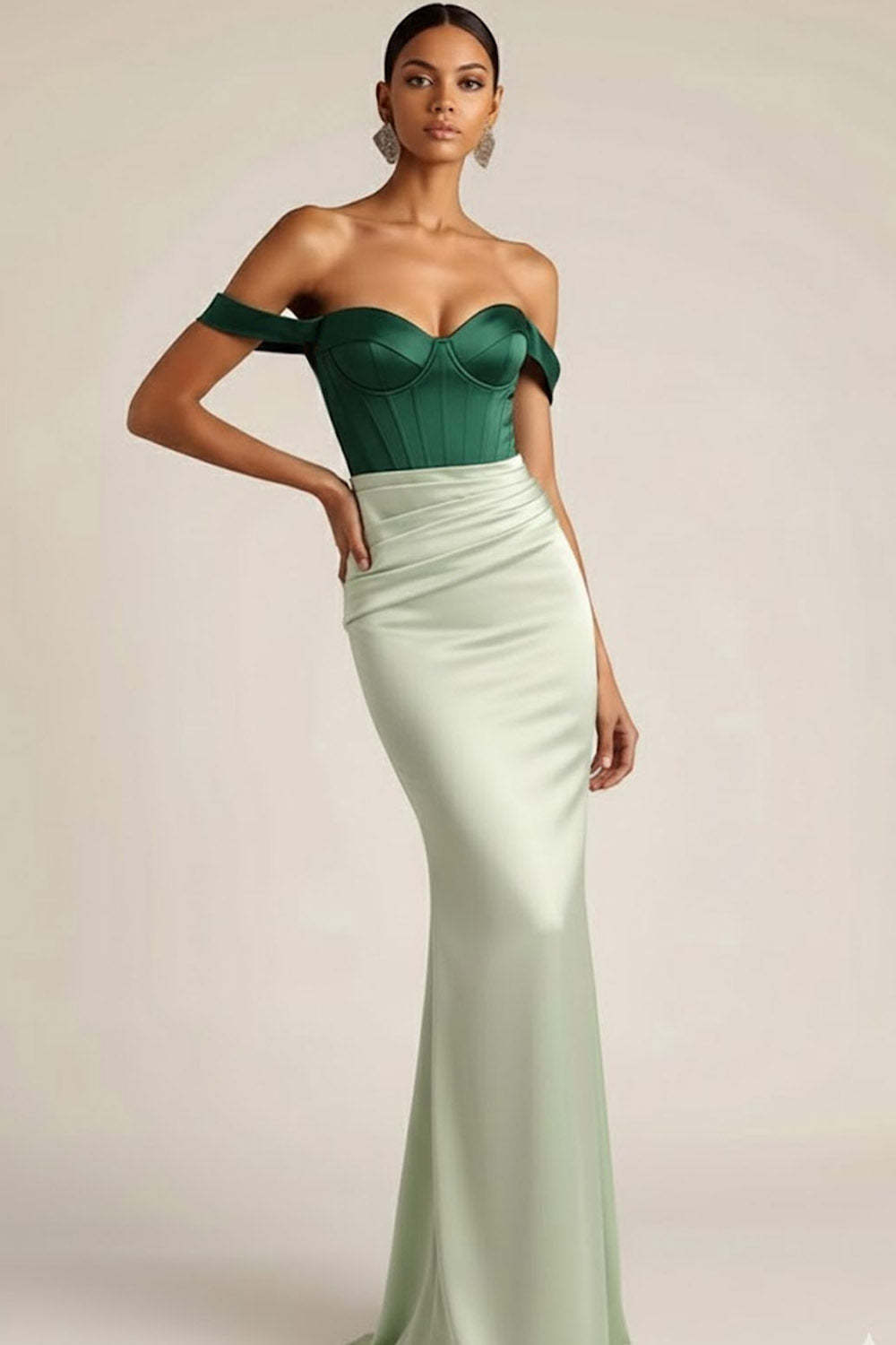 Green Mermaid Ruched Satin Long Corset Prom Dress