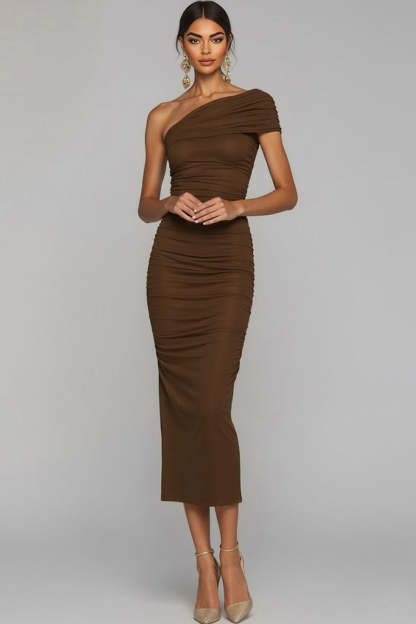 White One Shoulder Ruched Sheath Long Formal Dress