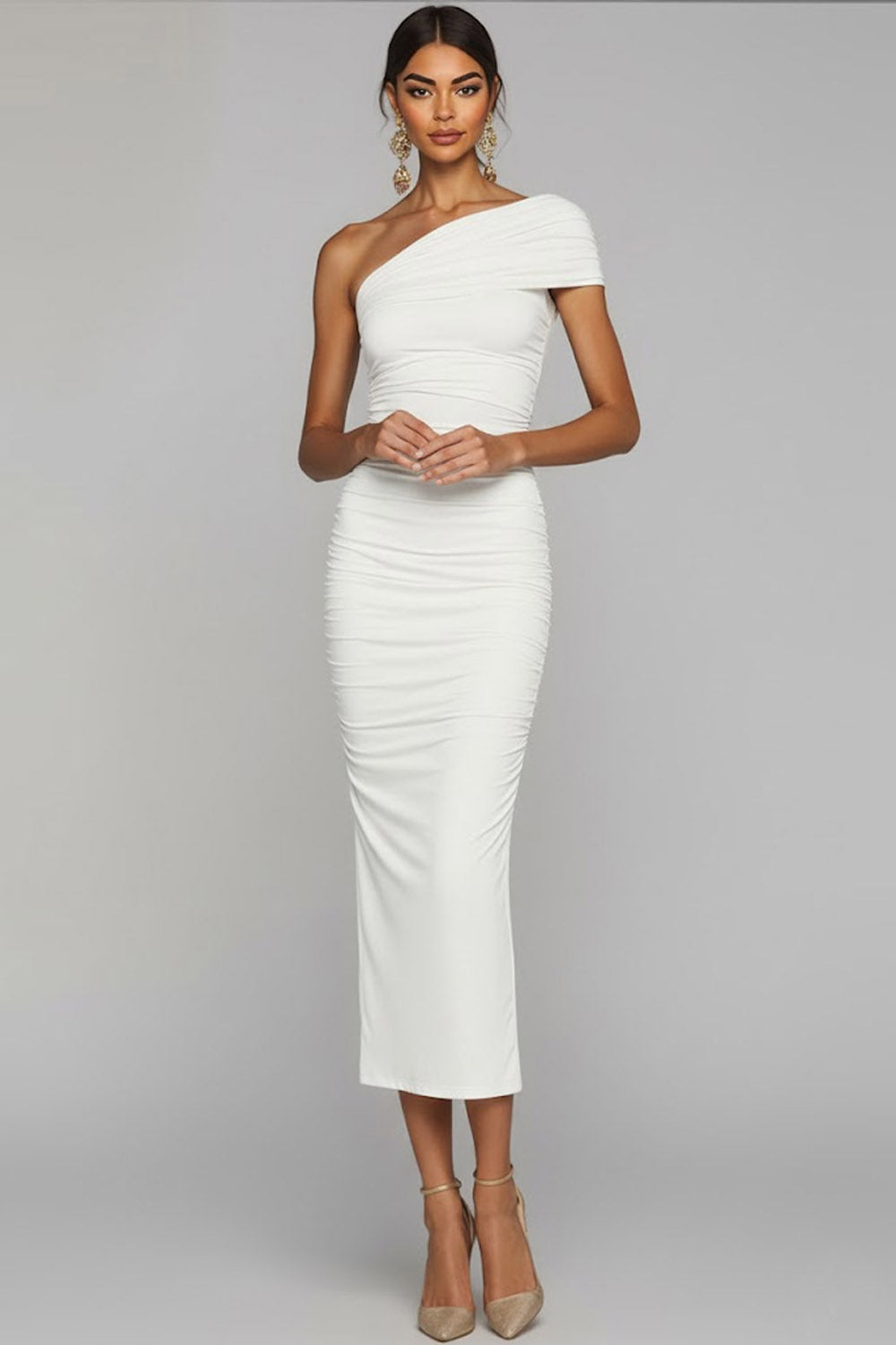 Leely Women White Ruched Sheath Long Formal Dress One Shoulder Evening Dress