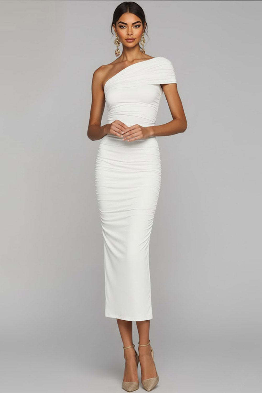 Leely Women White Ruched Sheath Long Formal Dress One Shoulder Evening Dress