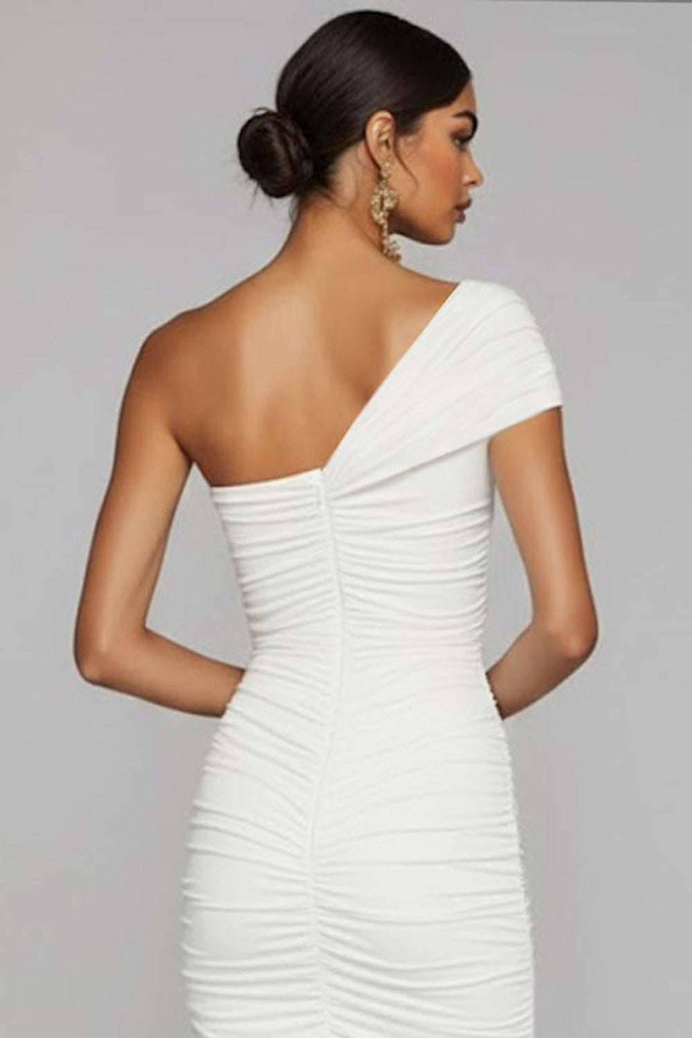 White One Shoulder Ruched Sheath Long Formal Dress