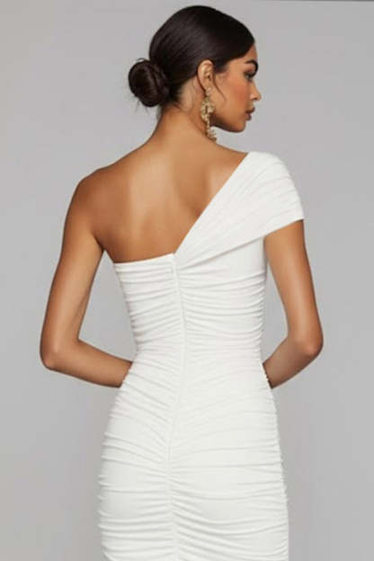White One Shoulder Ruched Sheath Long Formal Dress