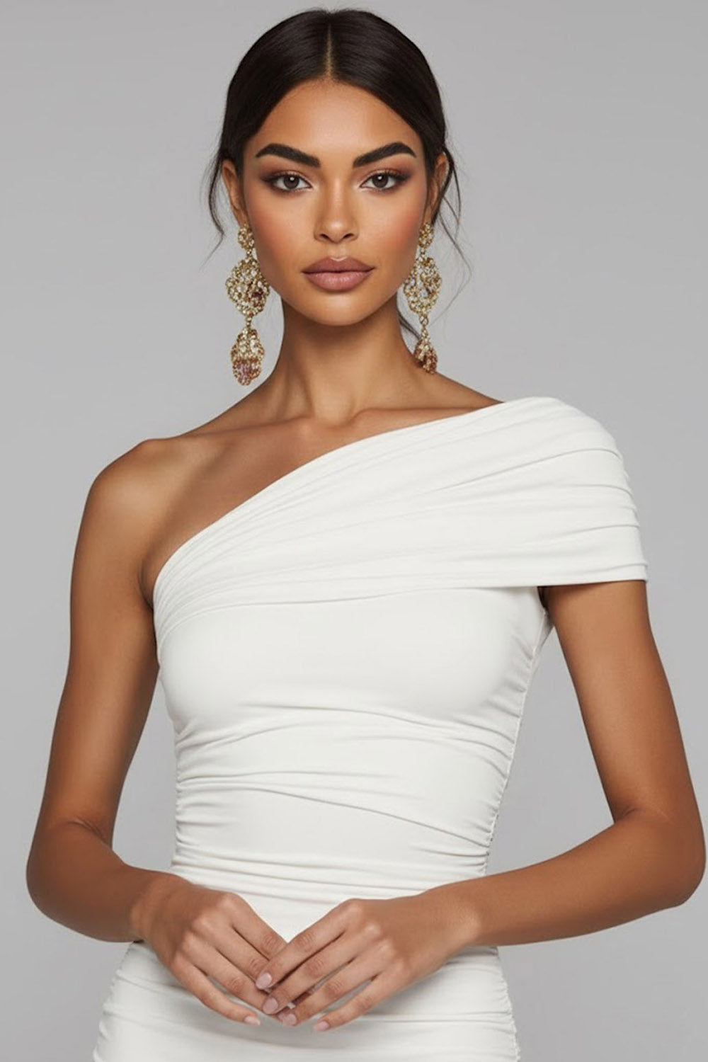 White One Shoulder Ruched Sheath Long Formal Dress