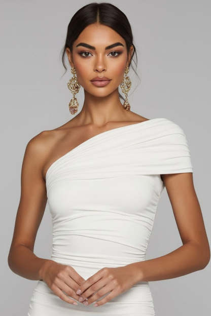 White One Shoulder Ruched Sheath Long Formal Dress