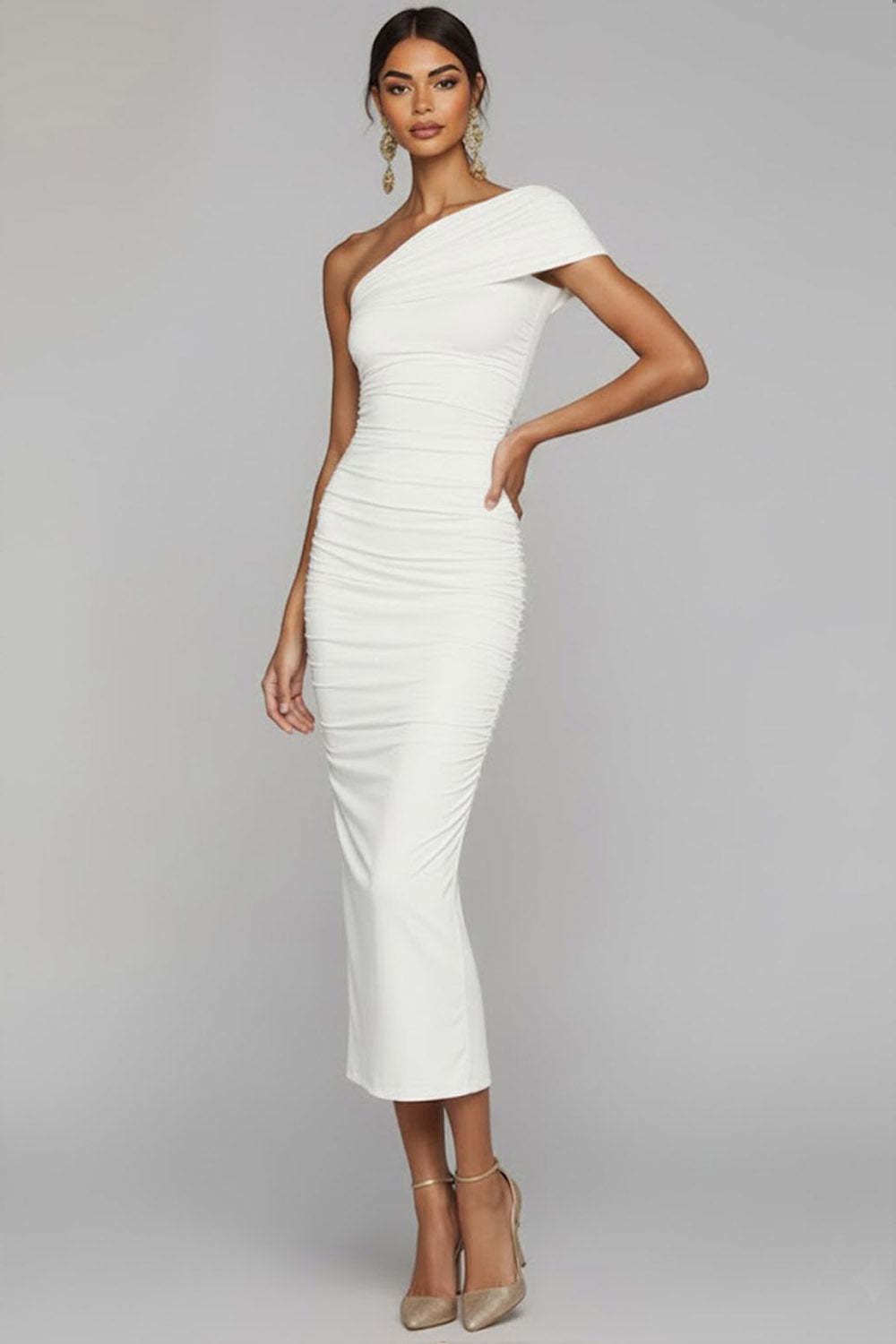 White One Shoulder Ruched Sheath Long Formal Dress