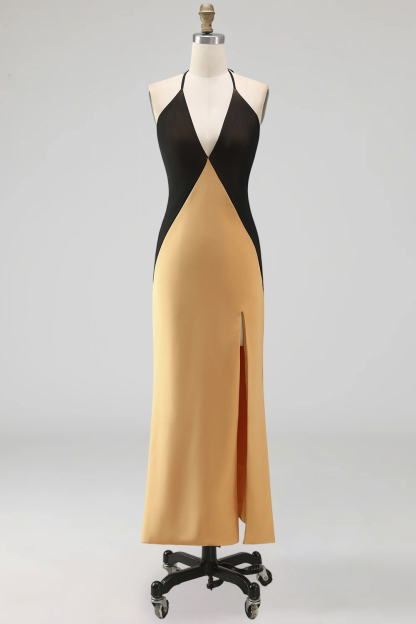 Bronze Halter Backless Sheath Long Wedding Guest Dress with Slit