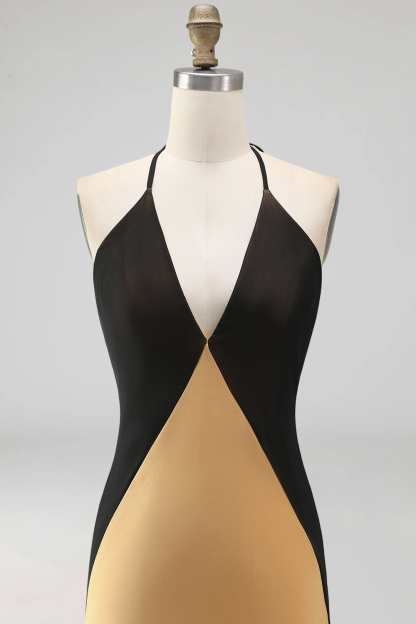 Bronze Halter Backless Sheath Long Wedding Guest Dress with Slit