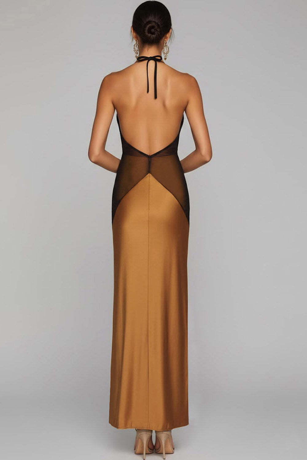 Bronze Halter Backless Sheath Long Wedding Guest Dress with Slit