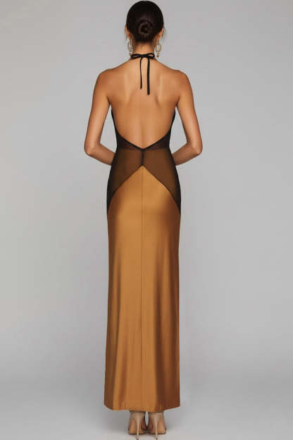 Bronze Halter Backless Sheath Long Wedding Guest Dress with Slit