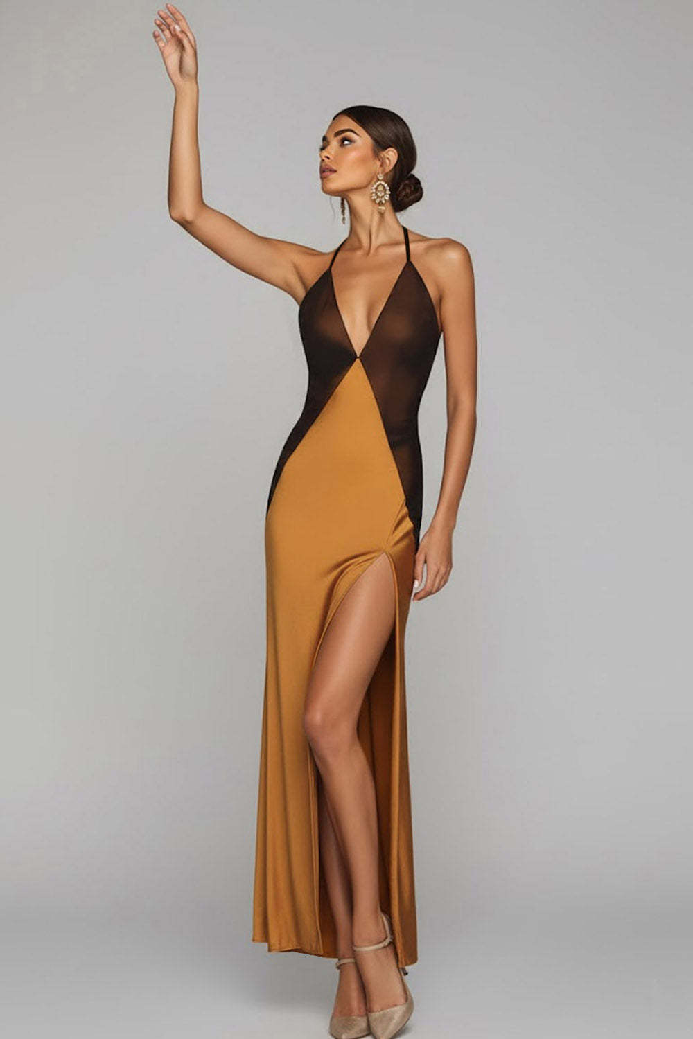 Bronze Halter Backless Sheath Long Wedding Guest Dress with Slit
