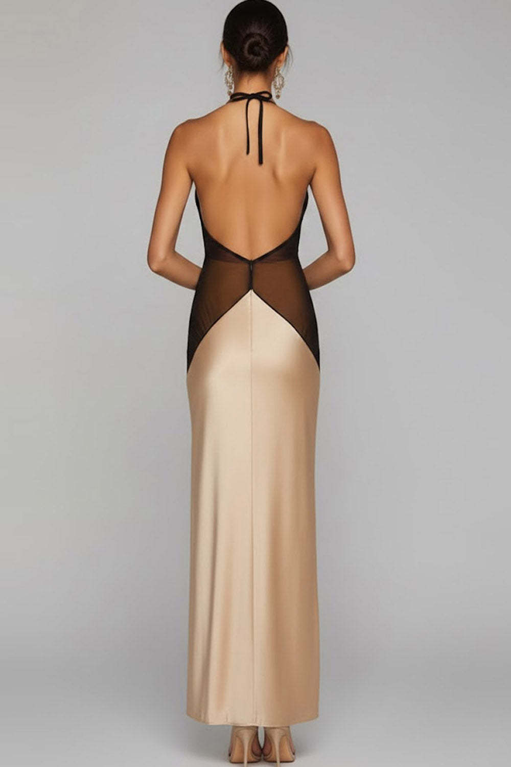 Bronze Halter Backless Sheath Long Wedding Guest Dress with Slit