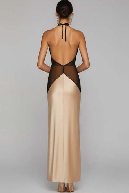 Bronze Halter Backless Sheath Long Wedding Guest Dress with Slit