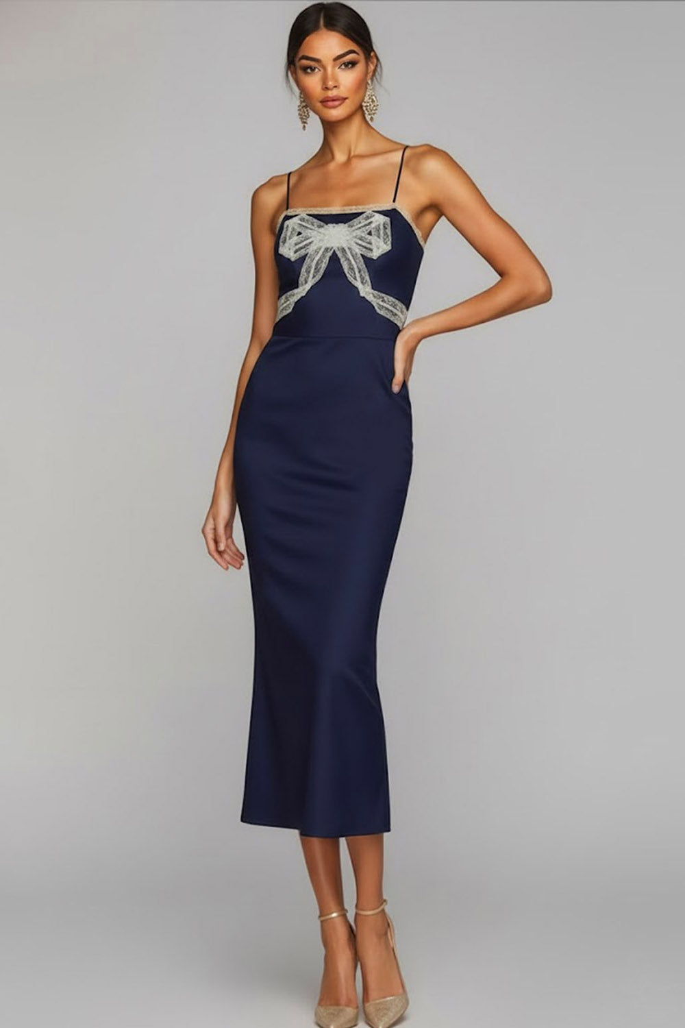 Leely Women Navy Mermaid Midi Wedding Guest Dress with Bow Spaghetti Straps Wedding Party Dress