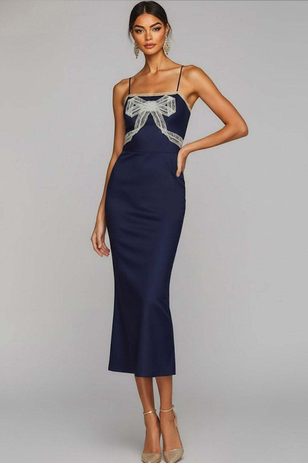 Leely Women Navy Mermaid Midi Wedding Guest Dress with Bow Spaghetti Straps Wedding Party Dress
