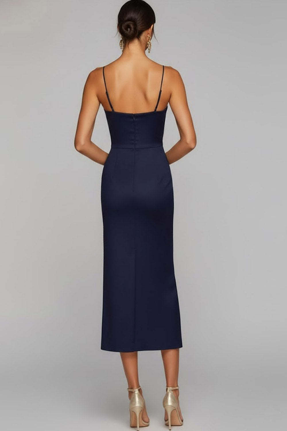 Navy Mermaid Spaghetti Straps Midi Wedding Guest Dress with Bow