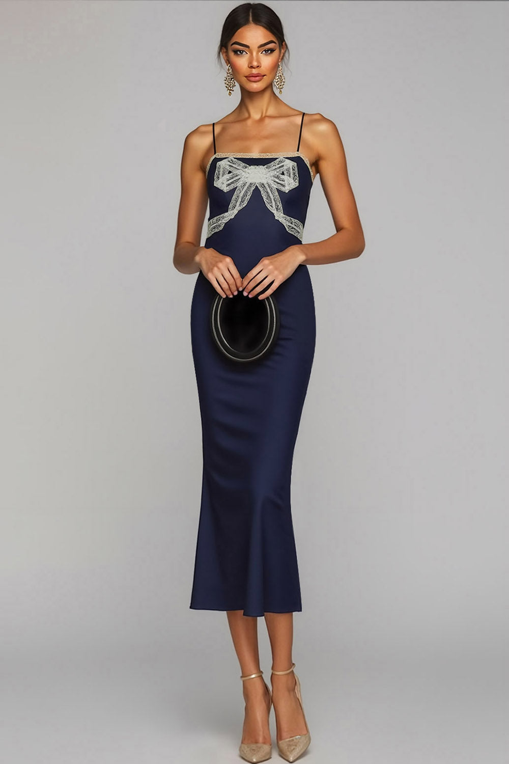 Navy Mermaid Spaghetti Straps Midi Wedding Guest Dress with Bow