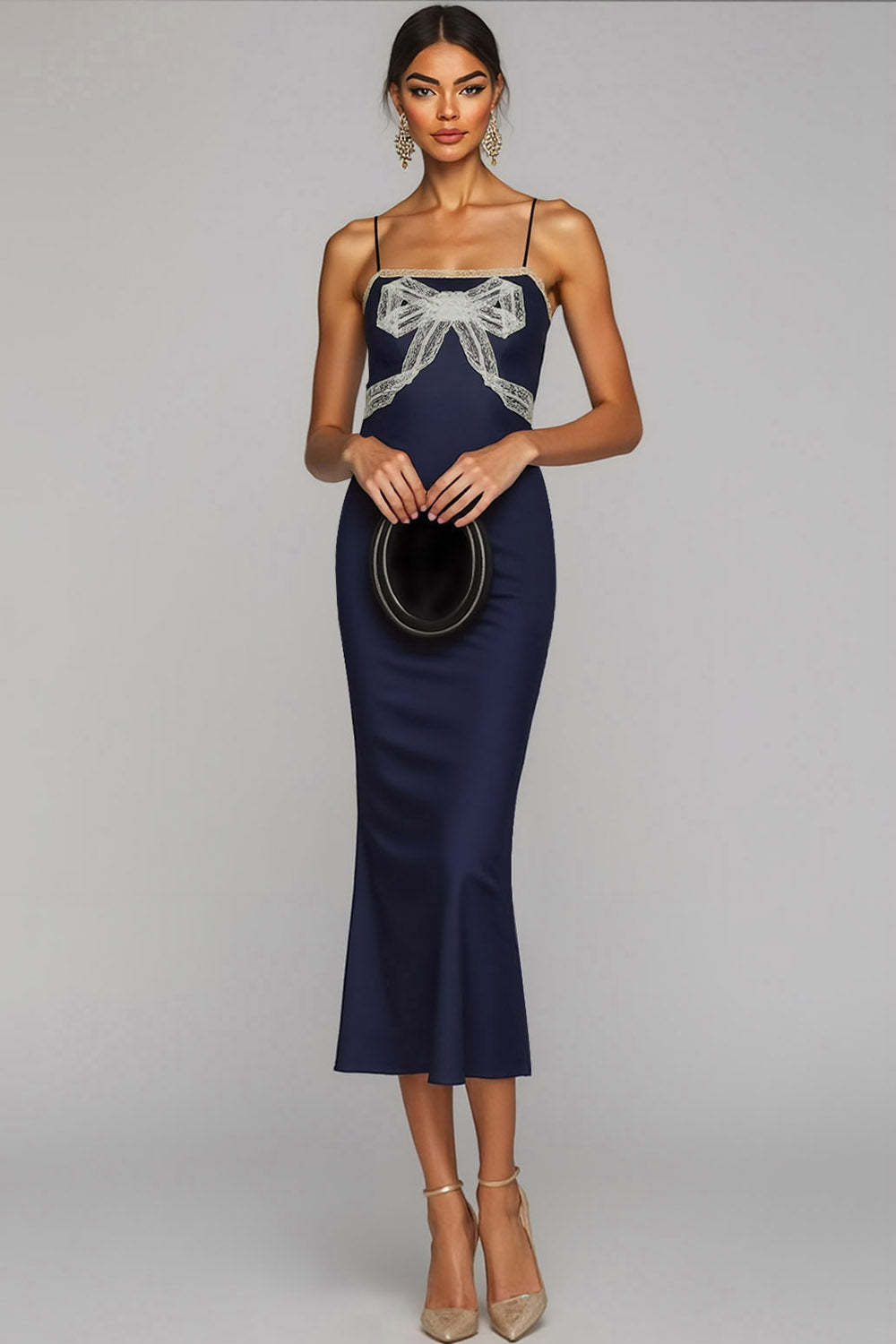 Navy Mermaid Spaghetti Straps Midi Wedding Guest Dress with Bow