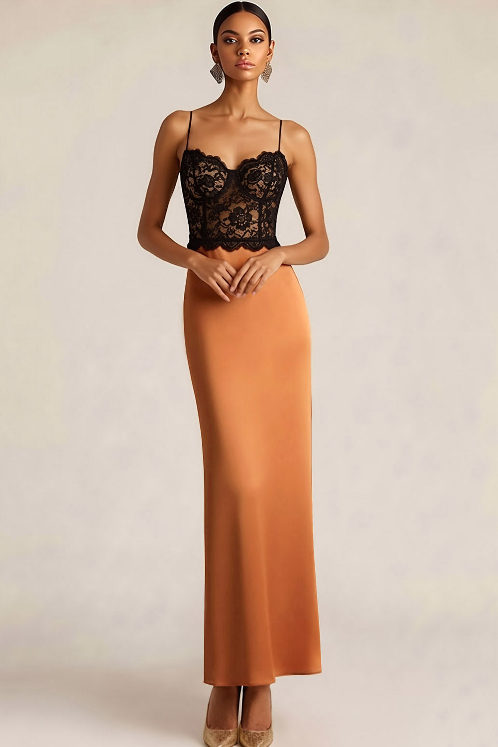 Leely Women Bronze Satin Sheath Long Wedding Guest Dress with Lace Spaghetti Straps Wedding Party Dress