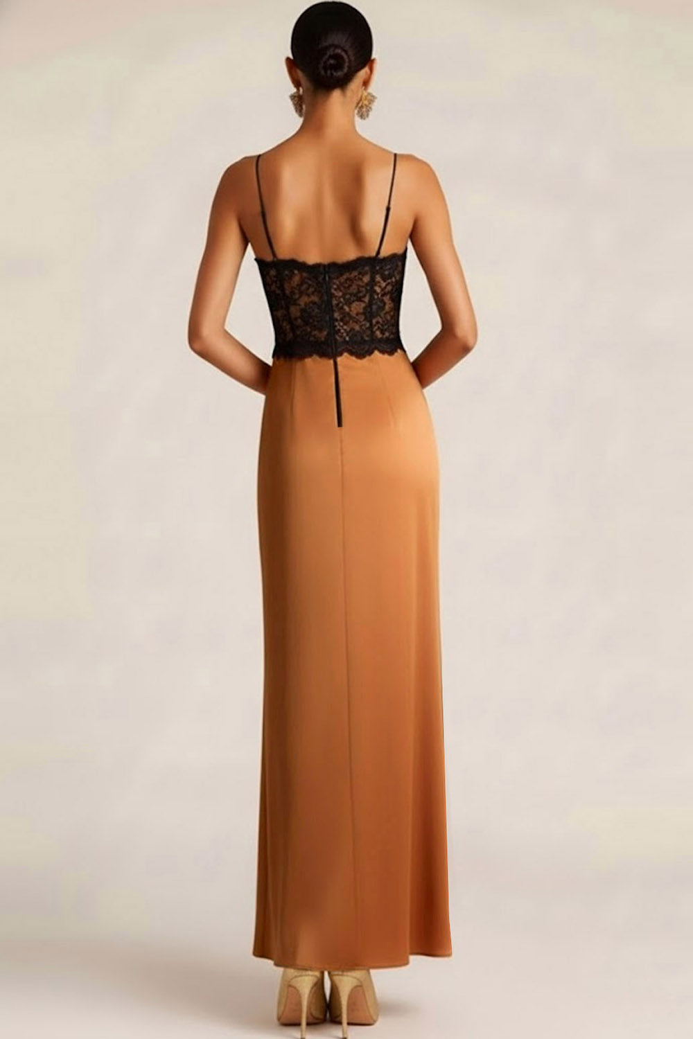 Bronze Satin Spaghetti Straps Sheath Long Wedding Guest Dress with Lace