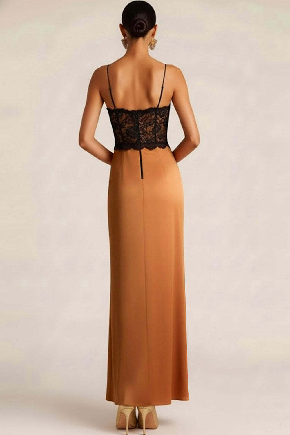 Bronze Satin Spaghetti Straps Sheath Long Wedding Guest Dress with Lace
