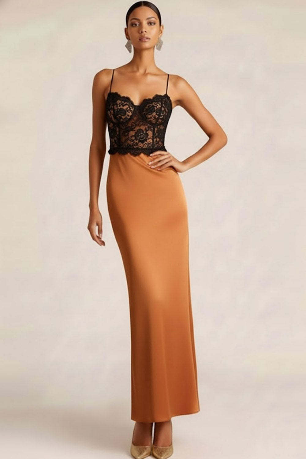 Bronze Satin Spaghetti Straps Sheath Long Wedding Guest Dress with Lace
