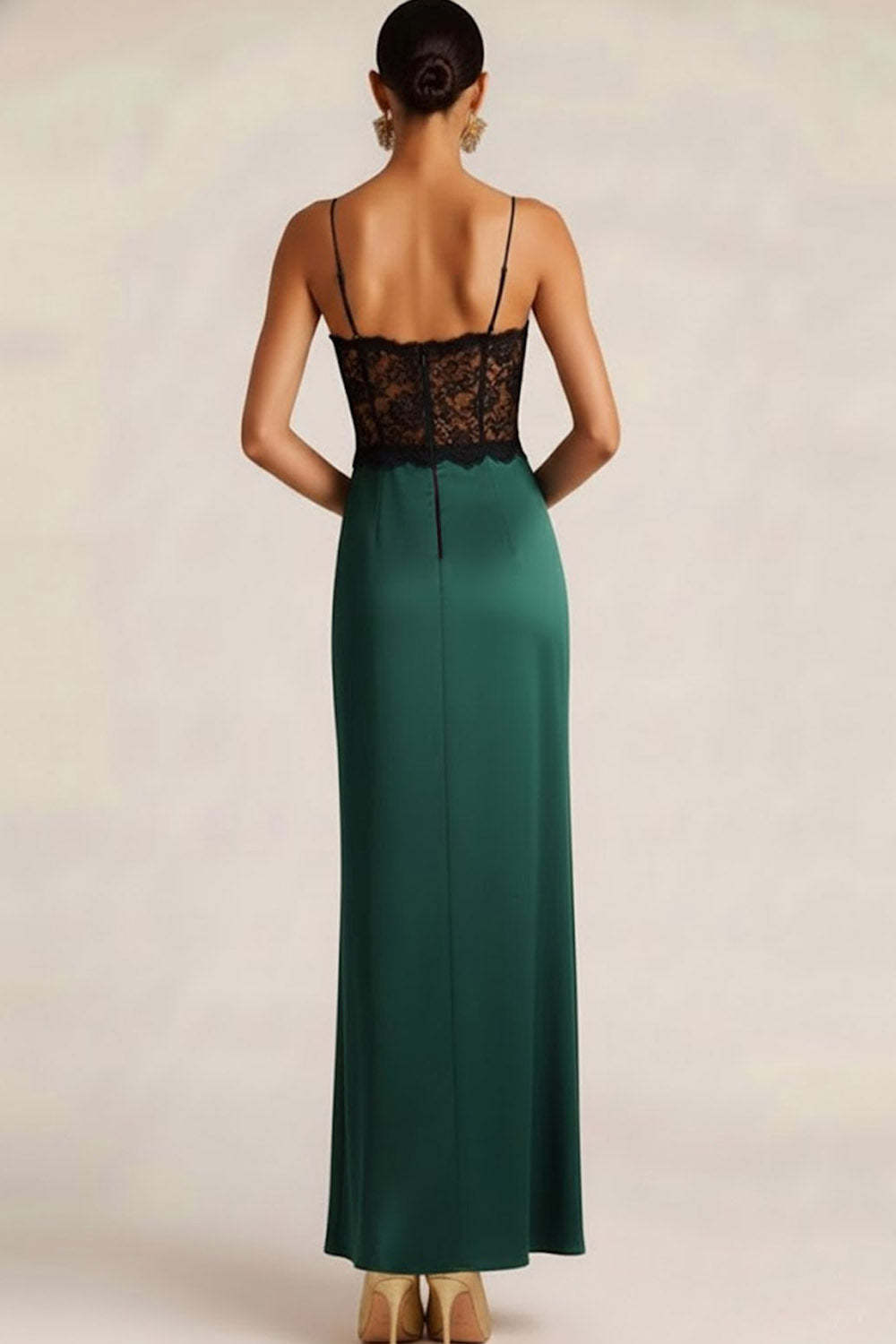 Bronze Satin Spaghetti Straps Sheath Long Wedding Guest Dress with Lace