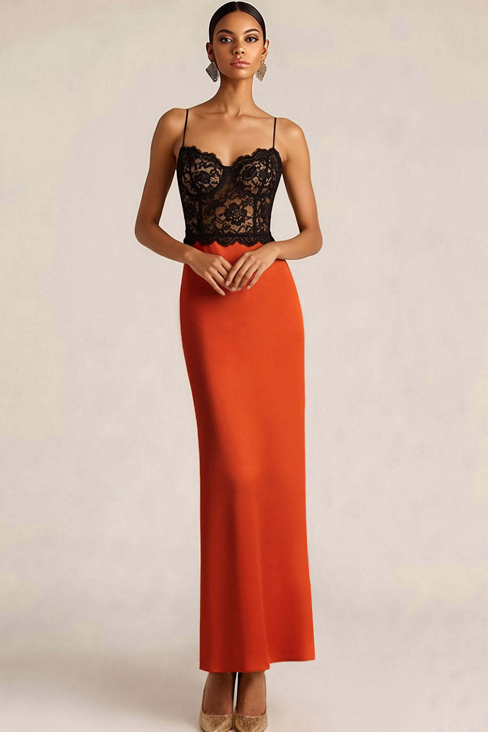 Bronze Satin Spaghetti Straps Sheath Long Wedding Guest Dress with Lace