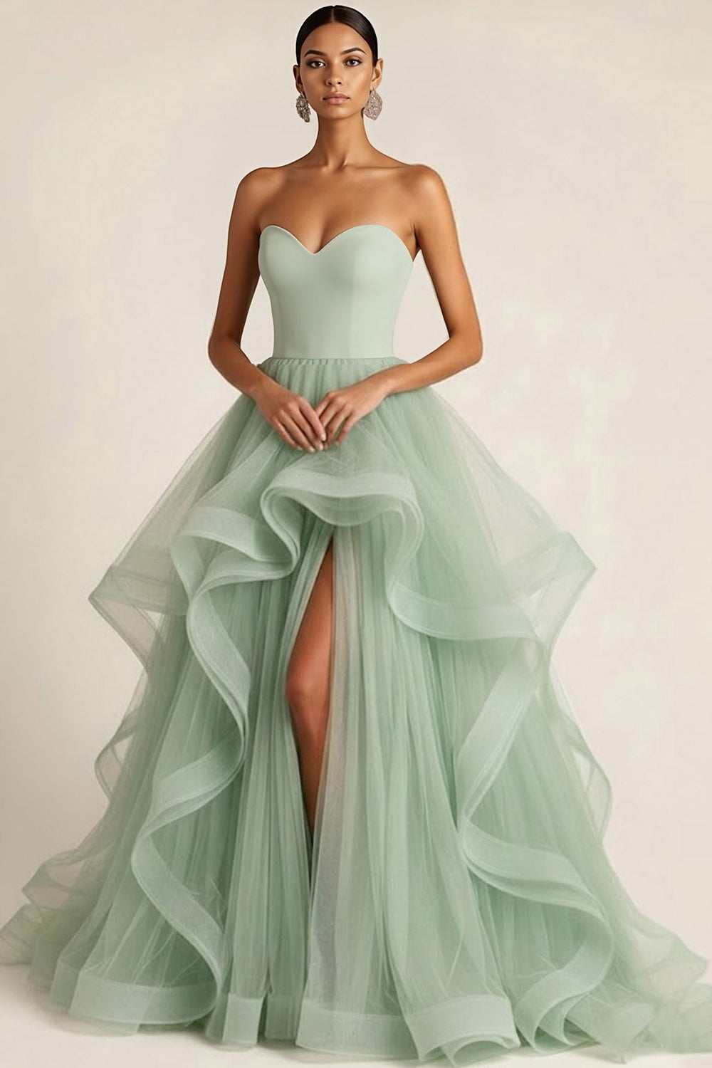 Light Green Sweetheart Tulle A Line Maxi Prom Dress with Ruffles